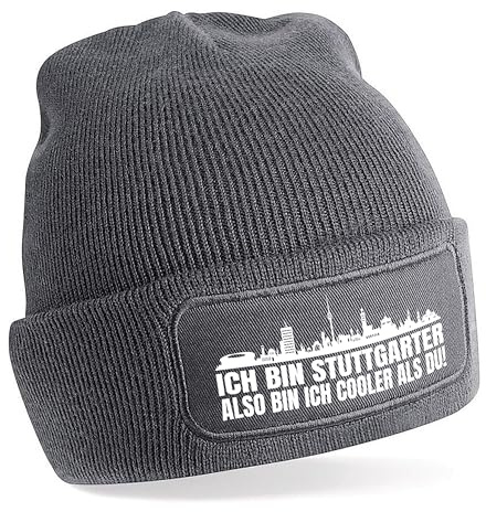 Beanie Strickmütze mit Spruch | Ich bin Stuttgarter also bin ich cooler als du! | Farbwahl | weiche und warme Fußball Mütze für Stuttgart Fan | Skyline | SoftTouch Einheitsgröße für Erwachsene