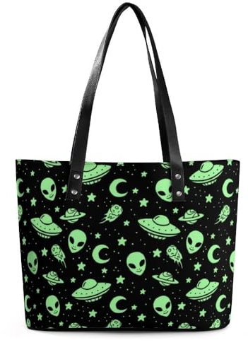 OTRAHCSD Damen Tote Bag Green Alien Moon UFO Handtasche Damen Schultertasche für Arbeit Alltag Reisen, Green Alien Moon Ufo, 29*34*14cm