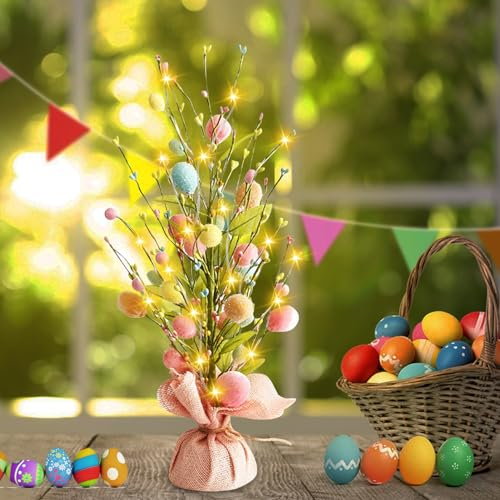 ACAREY Osterdeko Osterbaum Licht Ostereierbaum mit Licht & Bunten Ostereier Deko, Lichterbaum 24 Warmweiß LEDs Led Baum Innen Batteriebetrieben Künstlicher Baum Für Frühlings Oster Dekoration