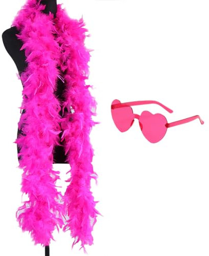 Lot de 2 Boas à Plumes colorées et Lunettes de Soleil en Forme de cœur pour fête de Dinde Boa en Plumes décoratives pour Halloween, Noël, Accessoire de Costume Rose Vif