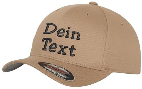 Flexfit Wooly Combed Basecap Bestickt mit Wunschtext (DE/NL/SE/PL, Alphanumerisch, L, XL, Khaki)