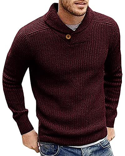 Runcati Mens Jumper Shawl Collar Fine Knit Pullover Winter Elegant Sweater Regular Fit Knitwear Tops, Wine Red, XXL