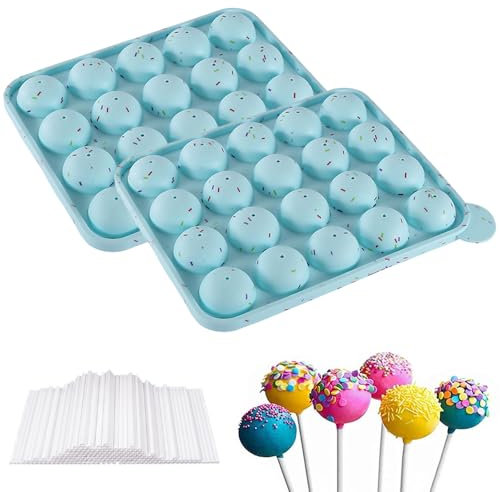 Puedno Cake Pop Silikonform, Cake Pop Form mit 100 Cake Pop Sticks, 20 Runde Lollipop Silikon Form Backform für Süßigkeiten Cupcakes Gelee, Blau
