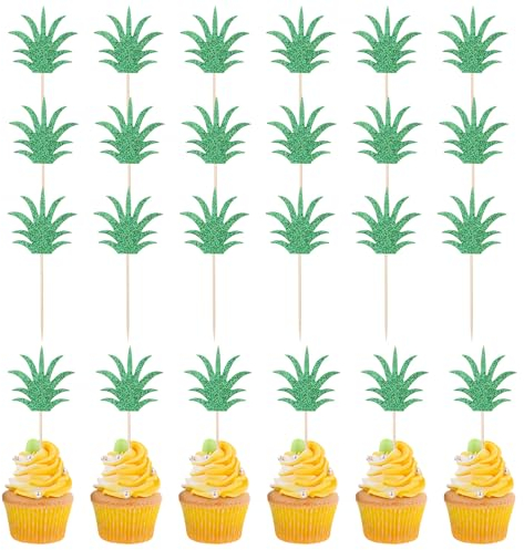 Molain 24Stück Ananasblatt Cupcake Topper, Tortendeko Geburtstag, Cupcake Topper Glitzernde Grüne Ananas Deko Tropische Muffin Topper für Poolparty Sommerparty Cake Dekoration Ananas-Themenfeste