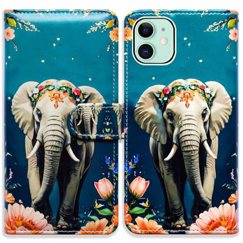 Bcov Case For iPhone 11,Elephant with Flowers on head Leather Flip Phone Case Wallet Cover with Card Slot Holder Kickstand for iPhone 11