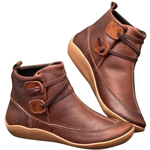 Stivaletti da donna vintage con supporto per l'arco del piede – Scarpe alla caviglia in pelle PU, stivali con lacci piatti, antiscivolo, tacco basso, stivali invernali comodi e morbidi, Caffè29, 37