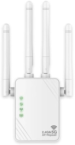 WiFi Extender, 1200Mbps WiFi Booster, Dual Band para el hogar de 5 GHz y 2,4 GHz, Cubre hasta 5000 pies cuadrados y 20 dispositivos, Modo Router/Repetidor/Ap, Configuraciones