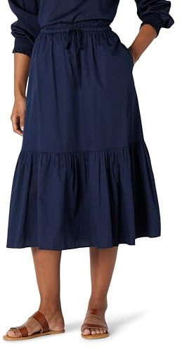 Amazon Essentials Jupe Mi-Longue Trapèze Étagée, Taille Mi-Haute, en Satin de Coton (Haut Vendu Séparément) Femme, Bleu Marine, XL