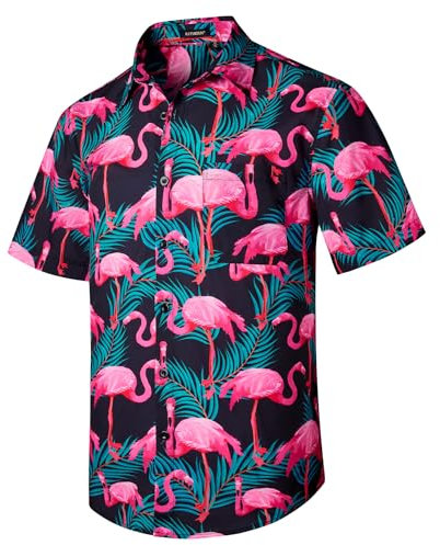 Rithern Camicia Hawaiana Uomo Manica Corta Estiva Fenicotteri Camicia Uomo Spiaggia Casual Bottoni con Tasca Frontale Nero & Rosa 2XL