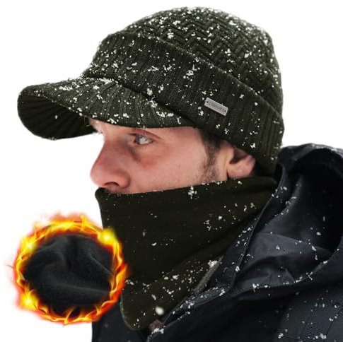 Comhats PolarWool™ Wintermütze Herren Merinowolle Strickmütze mit Schirm für Herren und Damen mit Fleece-Halskreis mit Fleece-Halskreis, Wintermütze mit Rand, Fleecegefütterte Laufmütze grün M