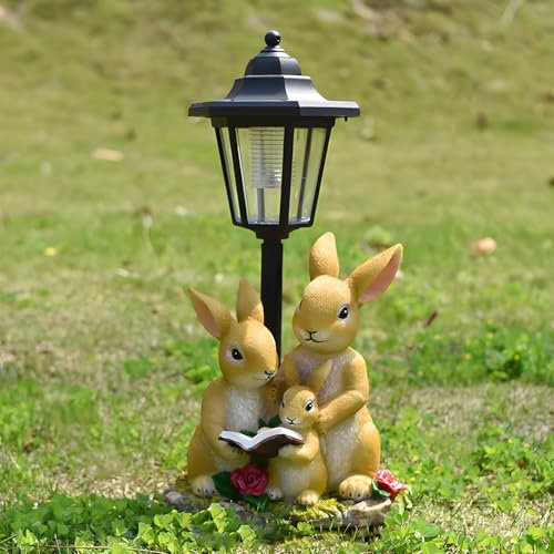 Garden Ornaments Outdoor with Post Light Lantern,Weatherproof Outdoor Rabbit Family Solar Lights, Resin Ornaments for Garden Lawn Yard Patio