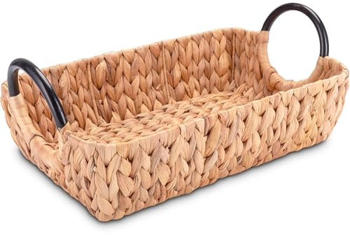 Decorasian Vassoio da portata intrecciato in giacinto d'acqua – Vassoio decorativo rettangolare con manici – Vassoio in legno naturale come vassoio per la colazione o vassoio sgabello, 35 x 25 x 10 cm