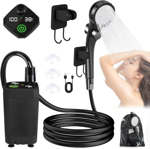 Vegena Portable Shower, Camping Shower with 6000mAh Rechargeable Battery, IPX7 Waterproof Pump, Temperature Display, Outdoor Shower for Car Washing, Pet Bathing, and Travel