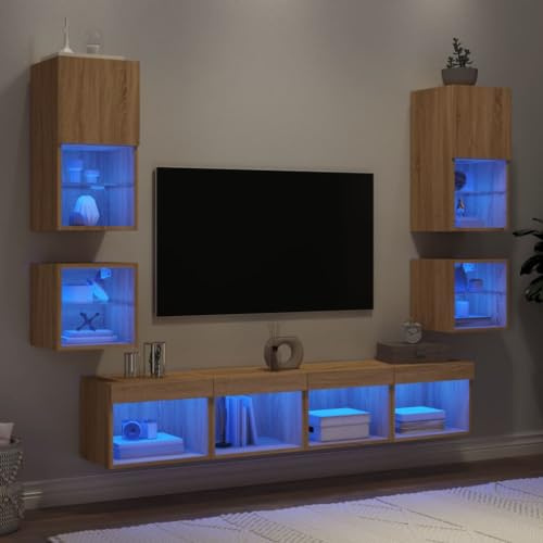 WEMYUFURN 8-TLG. Wohnwand mit LED-Beleuchtung Sonoma-Eiche Holzwerkstoff Couchtisch HiFi Rack Fernsehtisch tv Cabinet