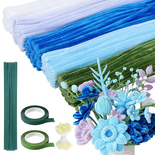 Niuny Pfeifenputzer zum Basteln Blumen 500Stk Pfeifenreiniger Blumen 5 Farben Pfeifenreiniger zum Basteln Pipe Cleaner Pfeifenputzer Blau mit Blumendraht Staubgefäße Klebeband für DIY Blumenstrauß