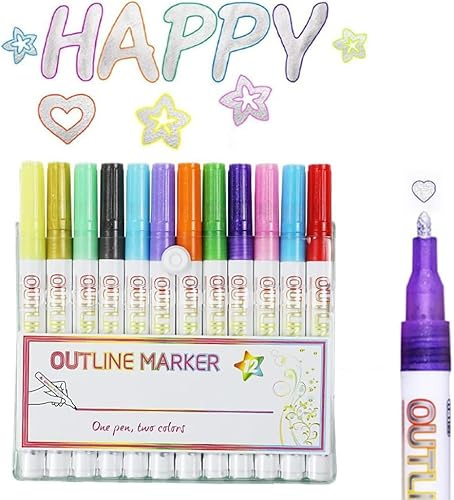 Enitmor Metallic Marker Stifte Set 2026, 2-in-1 Schimmernde Dual-Line Stifte, Metallic Glitzer Marker mit Konturen-Effekt, Permanent Paint Marker für DIY, Basteln, Schule & Karten (12PCS)