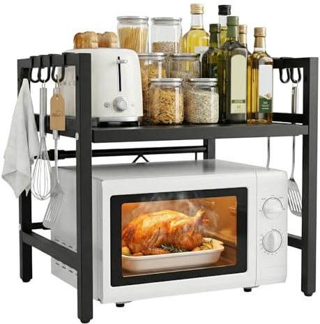Ribech Soporte Ajustable para Microondas y Horno – Estantes para Electrodomésticos de Cocina, con 8 Ganchos para Especias & Utensilios, Antióxido, Negro