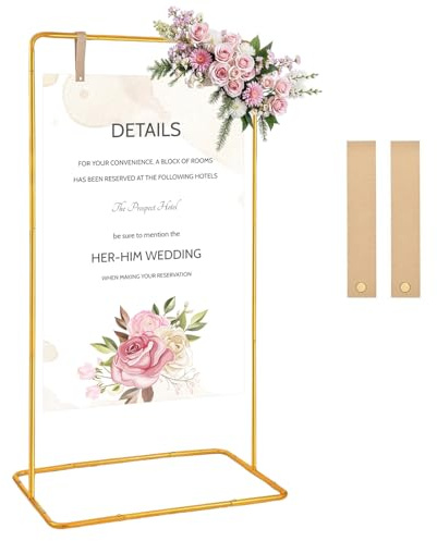 Wedding Sign Stand Holder, 5.74FT/1.75M Adjustable Wedding Arch Backdrop Stand Gold Metal Welcome Sign Holder with 2 Leather Straps for Reception Birthday Party Event Decor