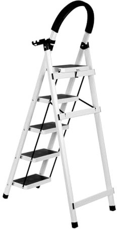 Escabeau Pliable, Escabeau 5 Marches avec Plateforme de Travail, Larges Marche Pied Pliable Antidérapantes, Tabouret en Acier Marche Pied Adulte,Charge 180 kg,152 x 87 x 39 cm – 5 étapes (Blanc)