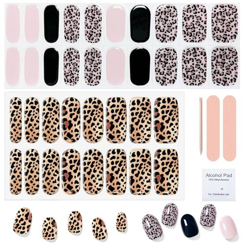 HTTDSLF 40Pcs Nagelfolie UV Härtend, Leopardenmuster Gel Nagelfolien, Selbstklebend Nagelsticker in Salonqualität Anhaltende Nagellackstreifen für Frauen Mädchen, DIY Dekoration