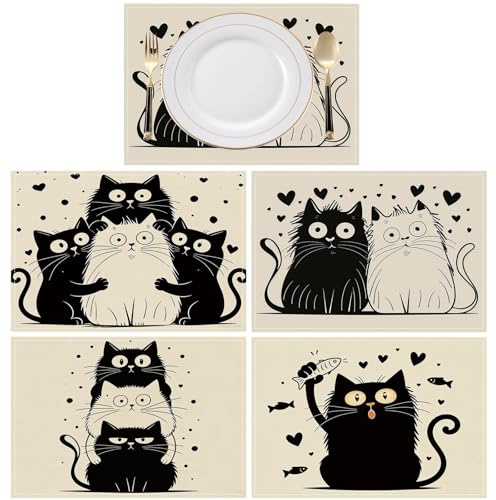 ZUWIJEQ 4er Set Tischsets Abwaschbar, Tischsets Stoff, Tischset, Platzsets mit Katzen Motiv 30x45cm, Rutschfeste Tischunterlagen aus Leinen, Waschbare Tischdeko für Küche, Esszimmer & Bar