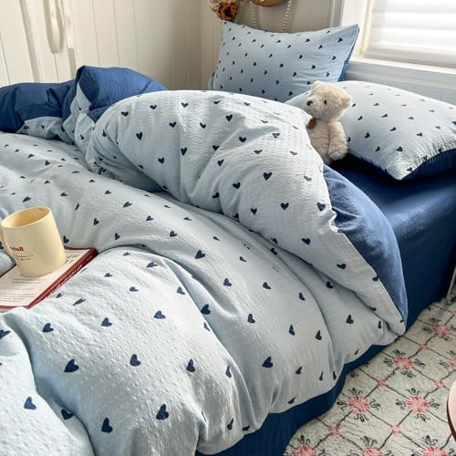 Freyamy Bettwäsche 135x200cm 2teilig Dunkelblau Herzen Mädchen Bettwäsche | Kinderbettwäsche Mikrofaser Bettwaren-Sets ÖKO-TEX 1 Bettbezug mit Reißverschluss und 1 Kissenbezüge 80x80cm