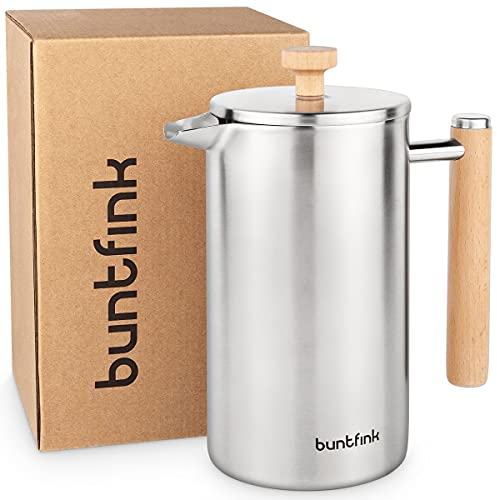 buntfink® ThermoPress - Prensa francesa de acero inoxidable y madera, 1 L (5 tazas), aislada, doble pared, prensa de café + filtro de repuesto + platillo, sin plástico