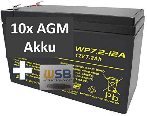10x AGM 12V 7,2Ah Blei-Akku WP7.2-12 VDs Akku, Faston 6,3mm inkl. 2X Anschluß-Adapter