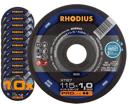 RHODIUS XT67 | 10 Stück Ø 115 mm x 1,0 mm | Trennscheibe Metall | Made in Germany | für Winkelschleifer, Stahl, Eisen, Hartmetall