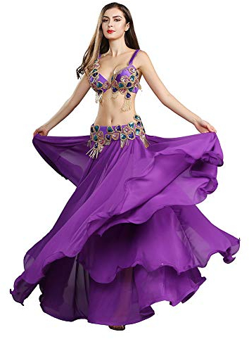ROYAL SMEELA Bauchtanz Kostüm Profi Bauchtanz Rock BH Gürtel Lila Perlen Stickerei BH Gürtel Anzug Karneval Outfit Sexy Bauchtanz Kleidung Damen Bauchtanz Set Bauch tanzen kostüm für Frauen