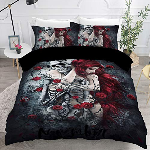 Timiany Bettwäsche Set Schädel & Rosen Bettbezug 135x200cm, Halloween Gotisch Totenkopf Hypoallergen Mikrofaser Bettbezüge Und 2 Kissenbezug 80x80cm (Skeleton,135x200+80x80)