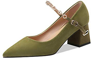 TinaCus Women's Suede Leather Handmade Comfortable Mid Chunky Heel Pointed Toe Graceful Mary Jane Pump Shoes with Buckle