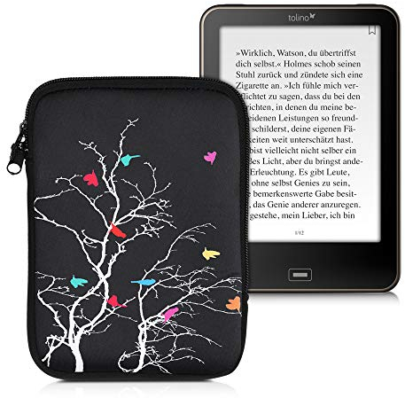 kwmobile Tasche für eReader - Neopren Hülle Schutzhülle Vögel AST Mehrfarbig Pink Schwarz - 17 x 12 x 2 cm Innenmaße