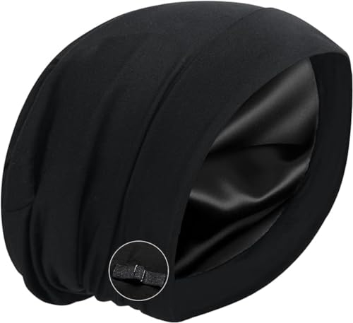Satin-Haube, Seidenfutter, Schlafkappe, verstellbare Haarabdeckung für Damen und Herren, krauses Haar, Nachtmütze, Patientenpflege, B L A C K, Einheitsgröße