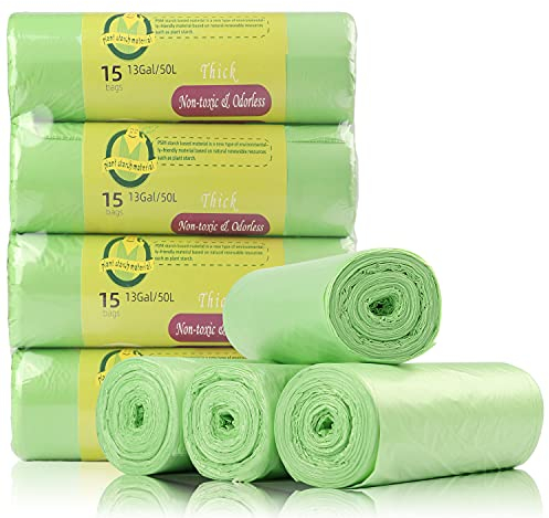 Bin Bags Biodegradable, Set 4 Rolls Counts 60 Bags, 50 L Bin Liners Trash Bags for Kitchen, Household, Garden,Office. 100% Recycled,Tough, Degradable, (13 Gallon),Green