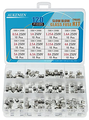 AUKENIEN 12 Valores 120 Piezas Fusibles Cristal Vidrio de Soplado Lento T 0,5A 1A 1,25A 1,6A 2A 2,5A 3,15A 4A 5A 6,3A 8A 10A 250V 5x20 mm 0,2x0,78pulgadas Cajas de Fusible Tubos de Retardo de Tiempo