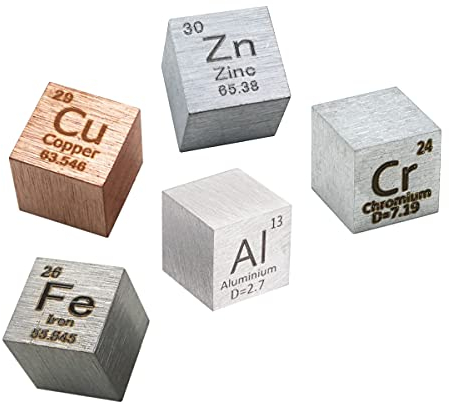 10 mm DichteWürfel 5 Stück Metallwürfel aus Kupfer,Eisen, ,Aluminium,Zinkund Chrom 99,99 % Periodensystem der Elemente