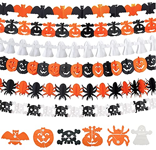 Jusduit Halloween Deko Set 6 STK Halloween Girlande Halloween Banner Fasching Partygirlanden,Halloween Fledermaus Spinnen Skelett Geist Kürbis Papiergirlande für Halloween Party Dekoration