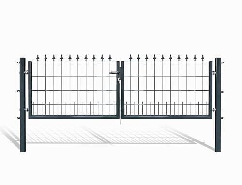 Doppelflügel-Schmucktor für Stabmattenzaun, grün oder anthrazit, verschiedene Höhen & Ausführungen wählbar - inklusive Pfosten und passenden Anschlussstücken (SPITZE, H 80 x B 300, Anthrazitt)