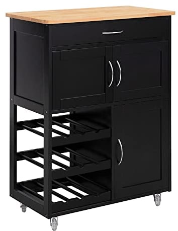 SoBuy Carrito Auxiliar de Cocina con Ruedas Mueble Cocina con Cajón Botellero y Estantes Carro Multifuncional como Mesa Auxiliar para Estantería Cocina Comedor y Exteriores Negro 67x86x38cm FKW45-SCH