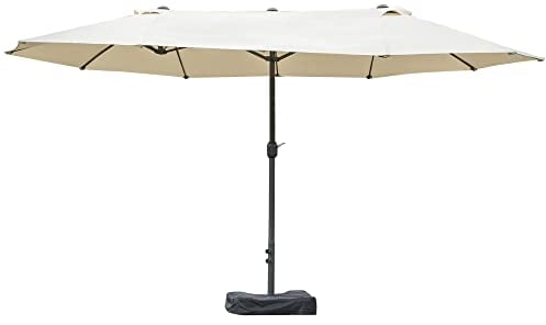 Outsunny Doppelsonnenschirm 455 x 265 cm, UV Schutz Sonnenschirm mit Handkurbel, Ständer, Balkonschirm Strandschirm windfest Kurbelschirm Sonnenschutz für Strand Balkon Garten, Cremeweiß