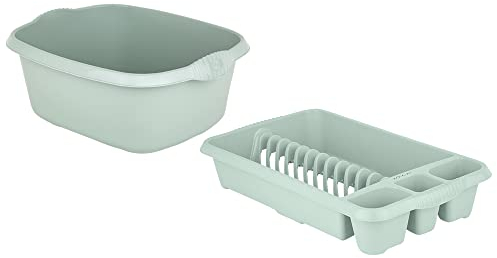 M1SS Set of 2 Silver Sage Plastic Medium Dish Drainer with Washing Up Bowl Kitchen Organiser