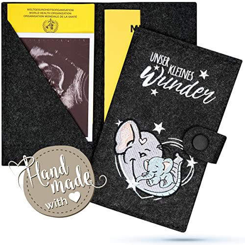 Emadele Mutter-Kind-Pass Hülle Elefant 'Unser Kleines Wunder' Anthrazit aus Filz Handmade. Mutterpasshülle Organizer Fächer für Ultraschallbilder, Impfpass-Hülle Format für Östereichischen Mutterpass