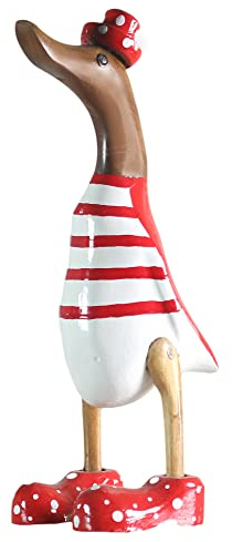 ART-CRAFT Holz Ente Lauf Ente Gartendeko Figur aus Bambus Wurzel und Teak Holz Geringelt rot handbemalt 25cm hoch