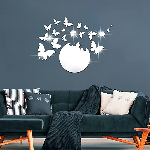 Shackcom Adesivi Murali 3D Rotondo Specchio con 18pcs Farfalle Specchio Adesivo da Parete Acrilici Rimovibili Decorazioni da Parete DIY per Camera da Letto Soggiorno-Argento