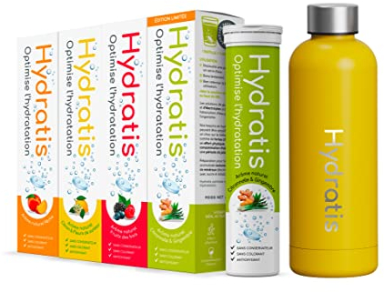 HYDRATIS - Pack 4 Tubes de Pastilles Effervescentes avec Electrolytes + Gourde 500 ml Jaune - Optimise l'Hydratation - Citron/Fleur de Sureau + Fruits des Bois + Pêche + Citronnelle/Gingembre