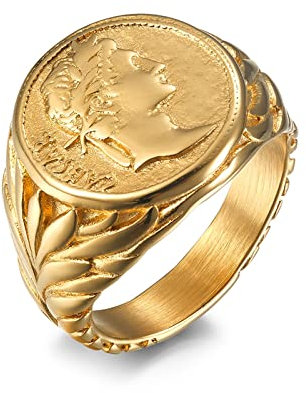 BCughia Herren Edelstahl Ring, Biker Ringe Herren Gold Römischer Emperor Julius Cäsar Ring Größe 54(17.2)