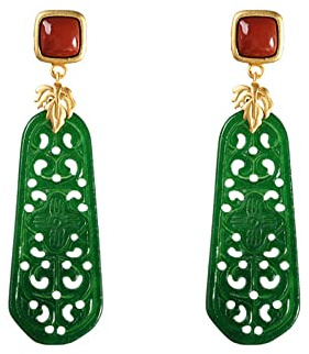 Lllunimon Zarte rechteckige Jade -Drop -Ohrringe 925 Sterling Silber Green Hohlhöhle Jade Ohrringe Charming Palaststil Schmuck für Frauen Mädchen