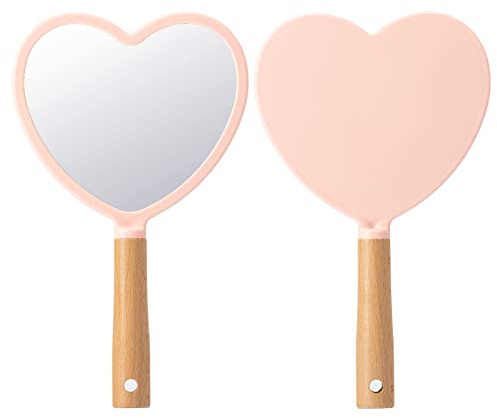 YEAKE Hand Held Mirror with Handle for Makeup,Small Cute Wood Hand Mirror for Shaving with Hole Hanging Single-Sided Portable Travel Vanity Mirror for Men&Women(Heart,Pink)