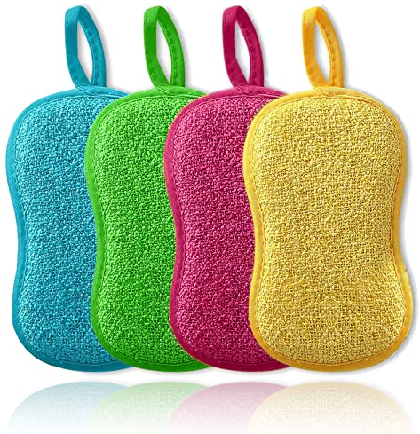 4 PCS Eponge Reutilisable Lavable, Eponge Vaisselle Microfibre Double Face éponge Lavable pour Cuisine Plaques Poêles Casseroles et Poêles Produits Menagers Maison